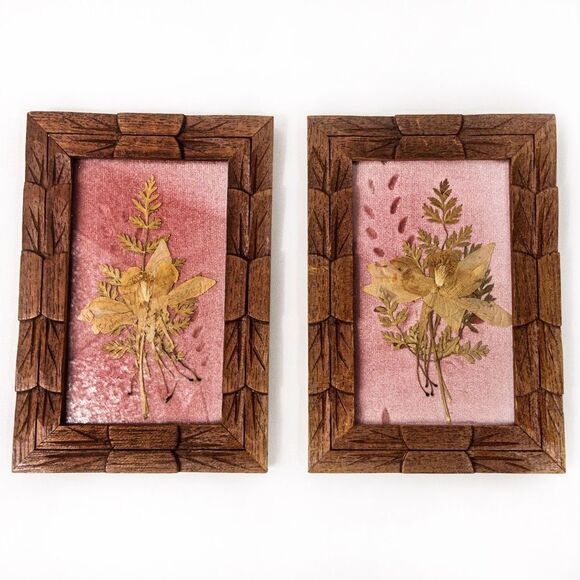 Vintage Handmade Set of Small Framed Pressed Flowers on Pink Velvet 7x4.75” - Picture 2 of 9